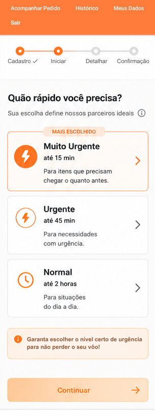 Tela de escolha do nível de urgência no app Me Chama