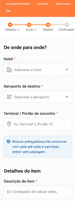 Tela de seleção de hotel e aeroporto no app Me Chama